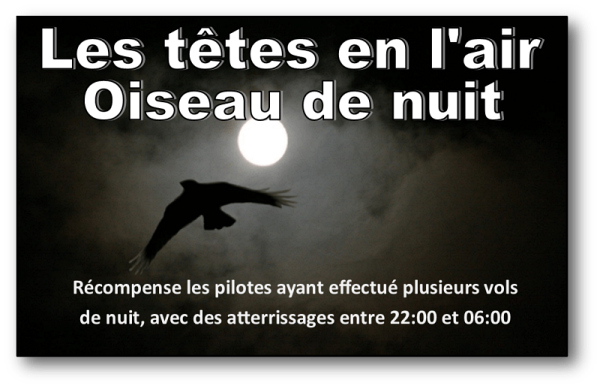 Récompense les pilotes ayant effectué plusieurs vols de nuit, avec des atterrissages entre 22:00 et 06:00 UTC